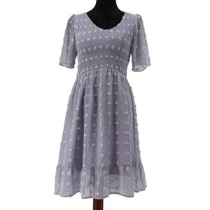 BTFBM Lavender Swiss Dot Smocked Dress Short Flutter Sleeve Ruffle Hem S